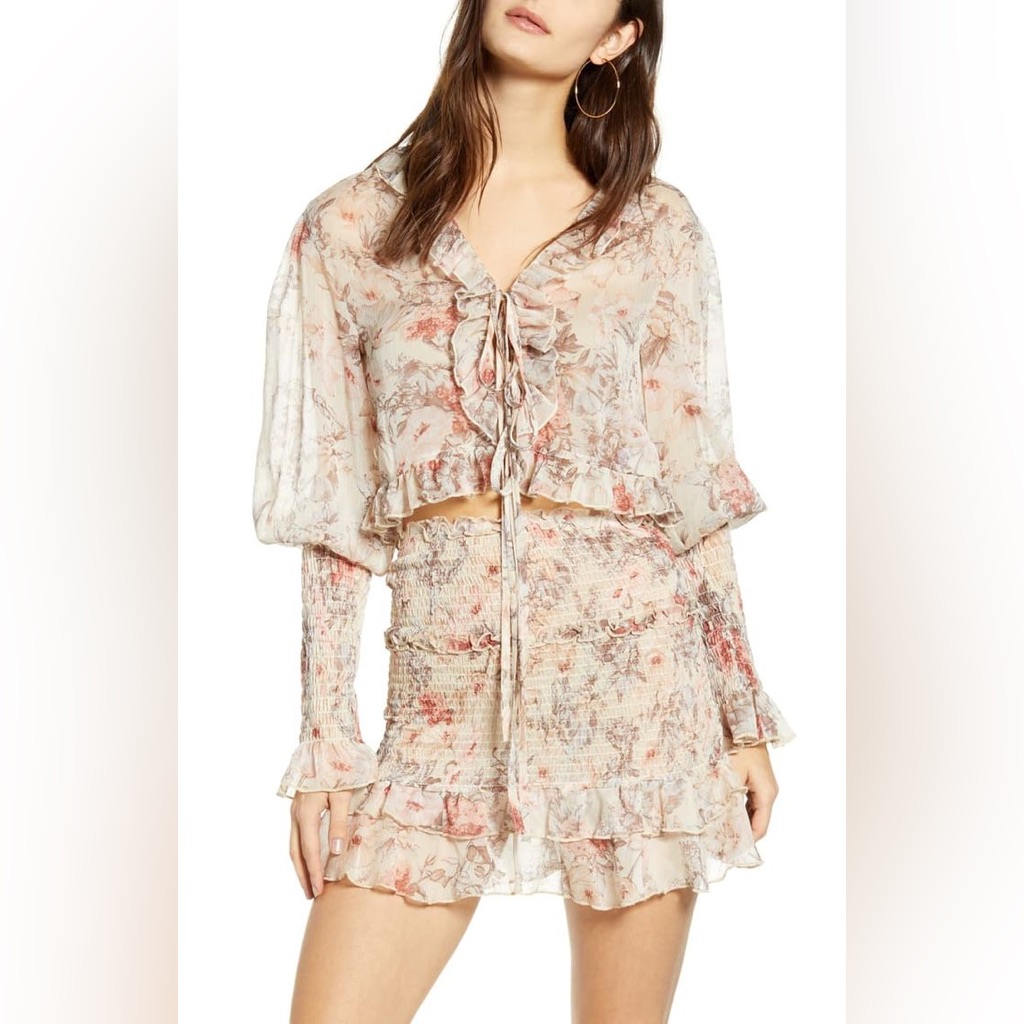 Sndys Dreamz Sheer Floral Print Tie Ruffle Top Long Sleeve Women's Size Medium